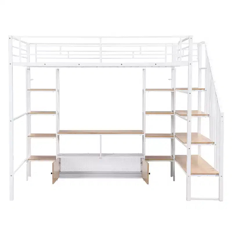 Lit mezzanine en métal pleine grandeur avec escalier, cadre de lit en métal avec table de rangement basse et étagères pour enfants, adolescents et adultes