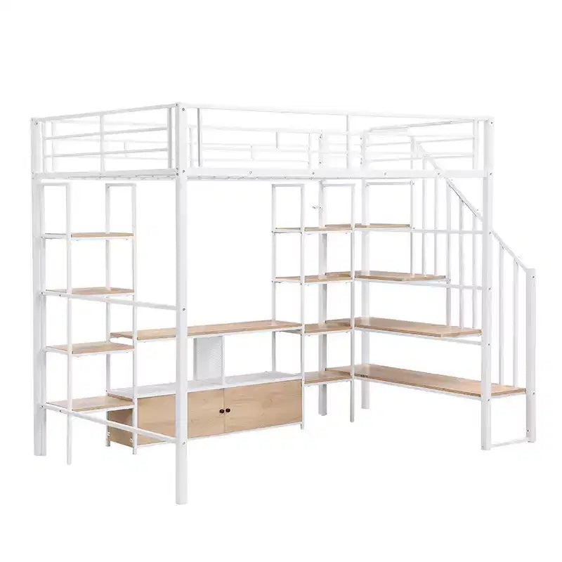 Lit mezzanine en métal pleine grandeur avec escalier, cadre de lit en métal avec table de rangement basse et étagères pour enfants, adolescents et adultes
