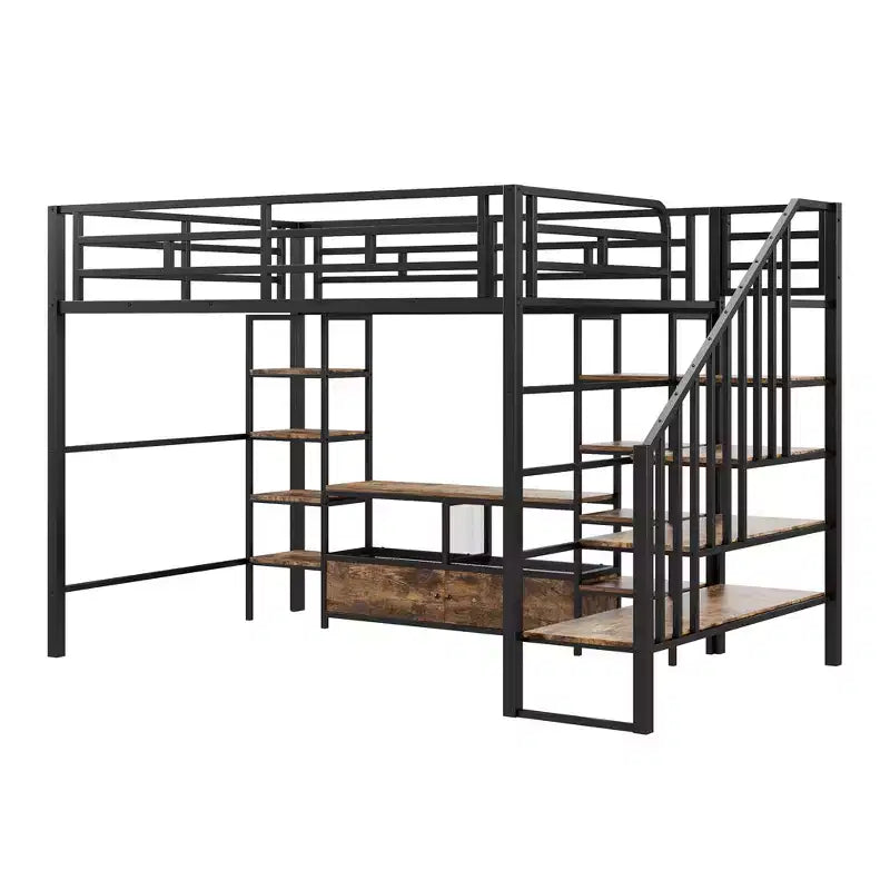 Lit mezzanine en métal pleine grandeur avec escalier, cadre de lit en métal avec table de rangement basse et étagères pour enfants, adolescents et adultes