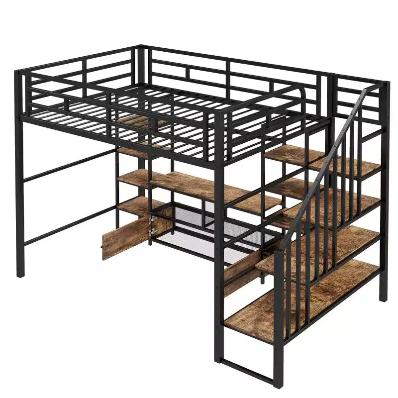 Lit mezzanine en métal pleine grandeur avec escalier, cadre de lit en métal avec table de rangement basse et étagères pour enfants, adolescents et adultes