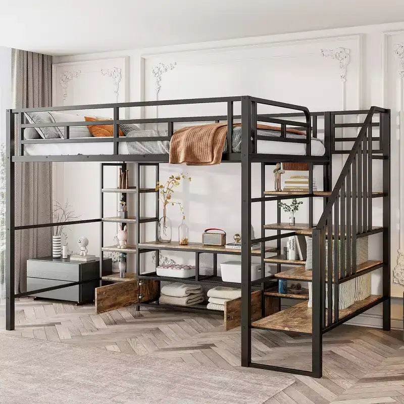 Full Size Metal Loft Bed Frame with Staircase, Metal Bed Frame with Low Storage Table and Shelves for Kids Teens Adults