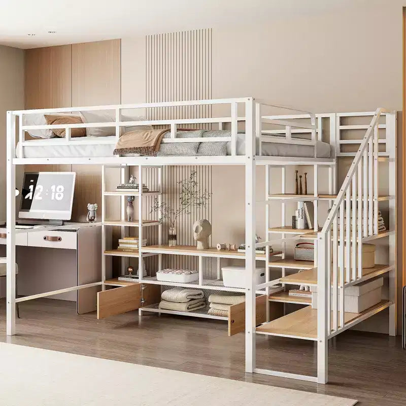 Lit mezzanine en métal pleine grandeur avec escalier, cadre de lit en métal avec table de rangement basse et étagères pour enfants, adolescents et adultes
