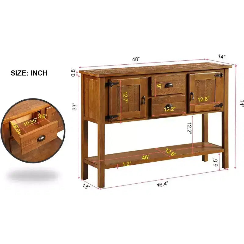 Console buffet de 48 pouces avec 2 tiroirs, placards et étagère inférieure, en bois, meuble buffet pour cuisine et salle à manger