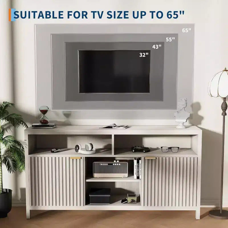 Meuble TV cannelé Acekool pour téléviseurs de 65 pouces, console multimédia moderne du milieu du siècle avec étagères réglables, meuble TV fin de style campagnard