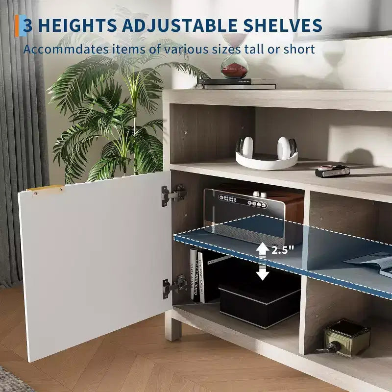 Meuble TV cannelé Acekool pour téléviseurs de 65 pouces, console multimédia moderne du milieu du siècle avec étagères réglables, meuble TV fin de style campagnard
