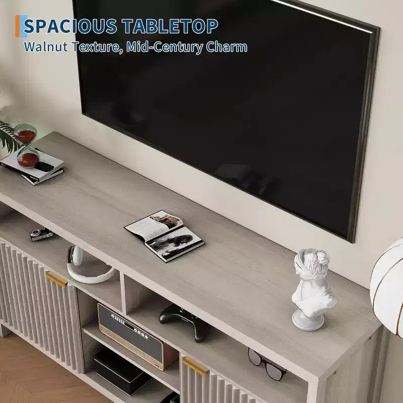 Meuble TV cannelé Acekool pour téléviseurs de 65 pouces, console multimédia moderne du milieu du siècle avec étagères réglables, meuble TV fin de style campagnard