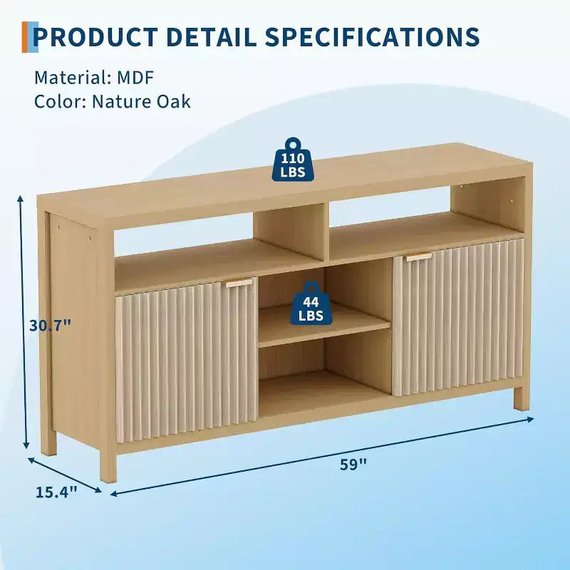 Meuble TV cannelé Acekool pour téléviseurs de 65 pouces, console multimédia moderne du milieu du siècle avec étagères réglables, meuble TV fin de style campagnard
