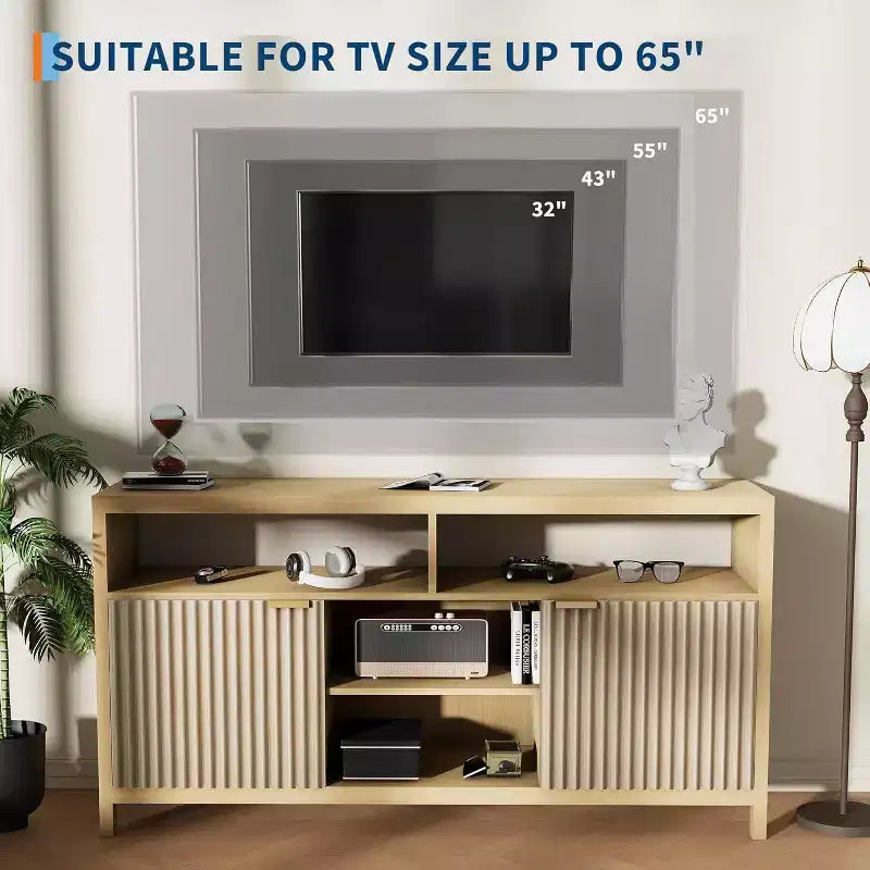 Meuble TV cannelé Acekool pour téléviseurs de 65 pouces, console multimédia moderne du milieu du siècle avec étagères réglables, meuble TV fin de style campagnard