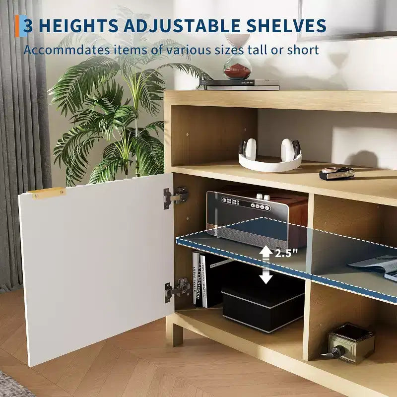 Meuble TV cannelé Acekool pour téléviseurs de 65 pouces, console multimédia moderne du milieu du siècle avec étagères réglables, meuble TV fin de style campagnard