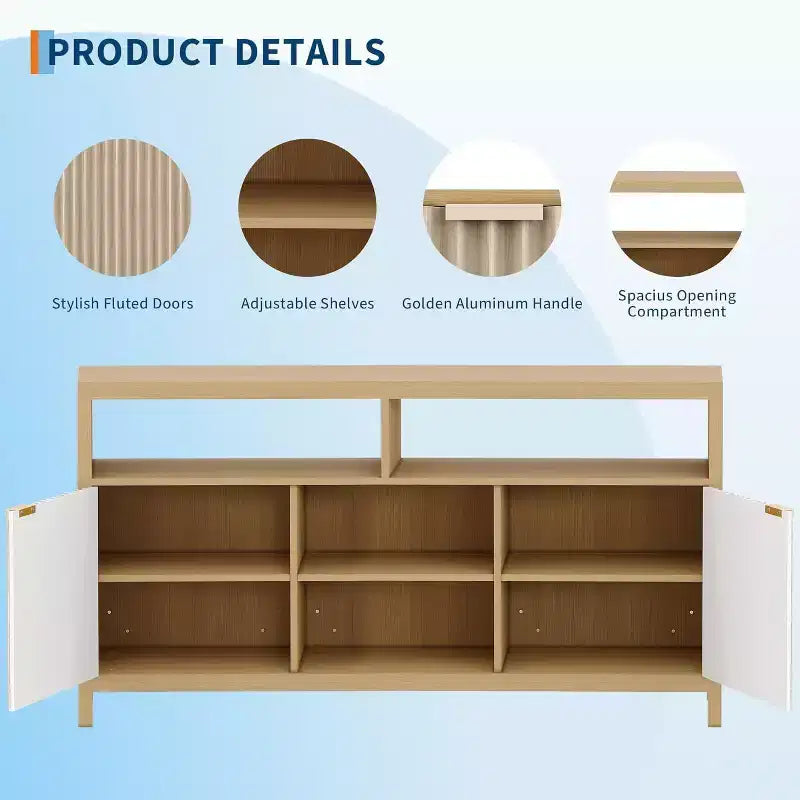 Meuble TV cannelé Acekool pour téléviseurs de 65 pouces, console multimédia moderne du milieu du siècle avec étagères réglables, meuble TV fin de style campagnard