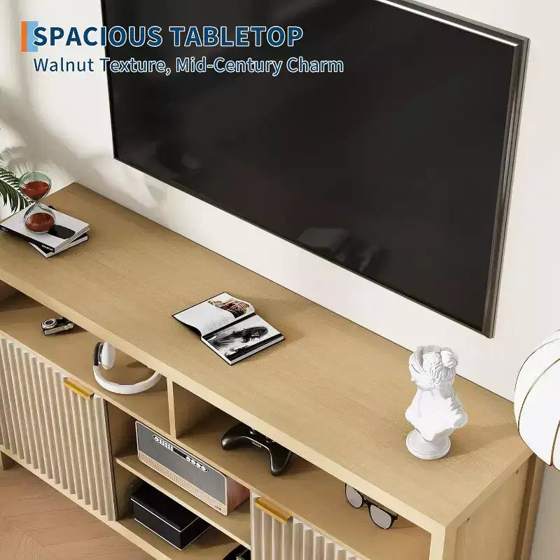 Meuble TV cannelé Acekool pour téléviseurs de 65 pouces, console multimédia moderne du milieu du siècle avec étagères réglables, meuble TV fin de style campagnard