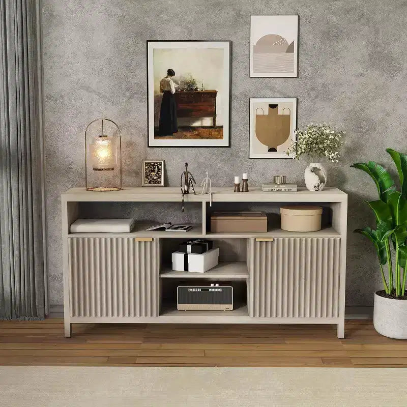 Meuble TV cannelé Acekool pour téléviseurs de 65 pouces, console multimédia moderne du milieu du siècle avec étagères réglables, meuble TV fin de style campagnard