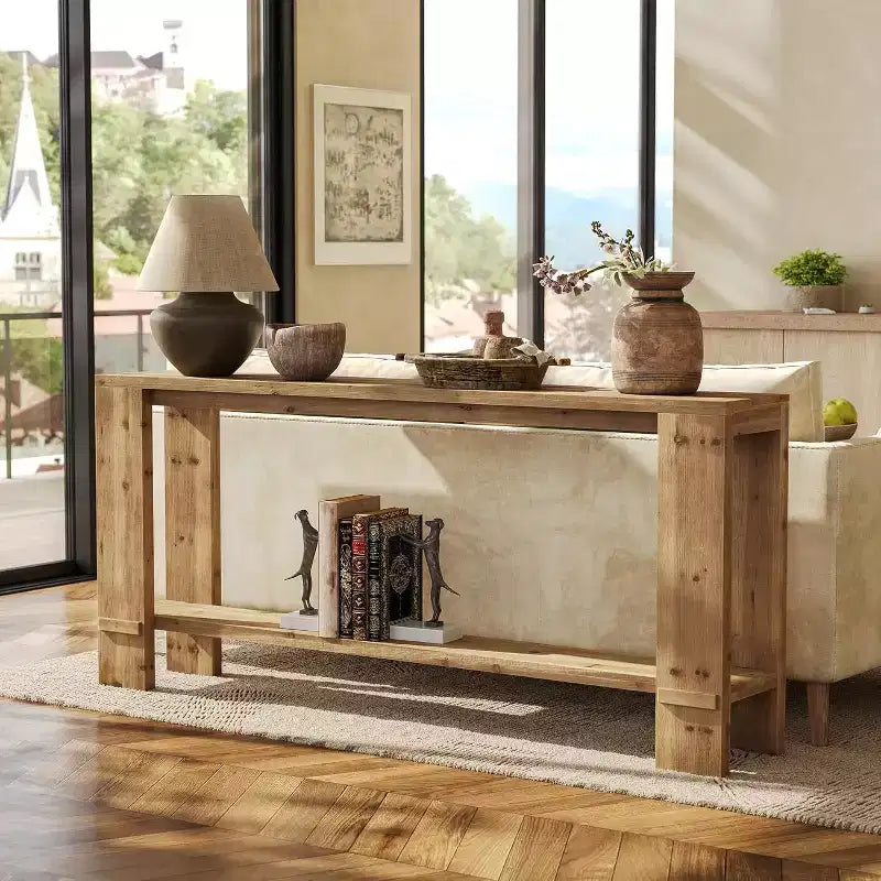 Table console Lantine de 70 pouces en bois massif, table de canapé de ferme à 2 niveaux pour l'arrière du canapé, pour le salon et le couloir, bois naturel