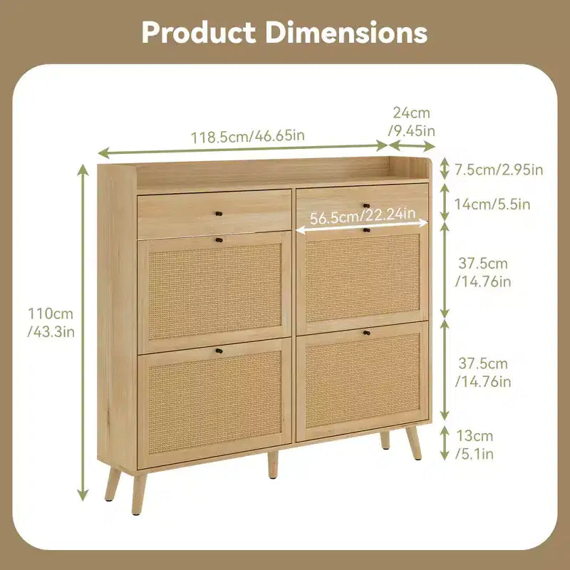 Meuble à chaussures en bois CuisinSmart avec 4 tiroirs basculants en rotin naturel et 2 tiroirs, rangement à chaussures dissimulé autoportant pour entrée, couloir, salon