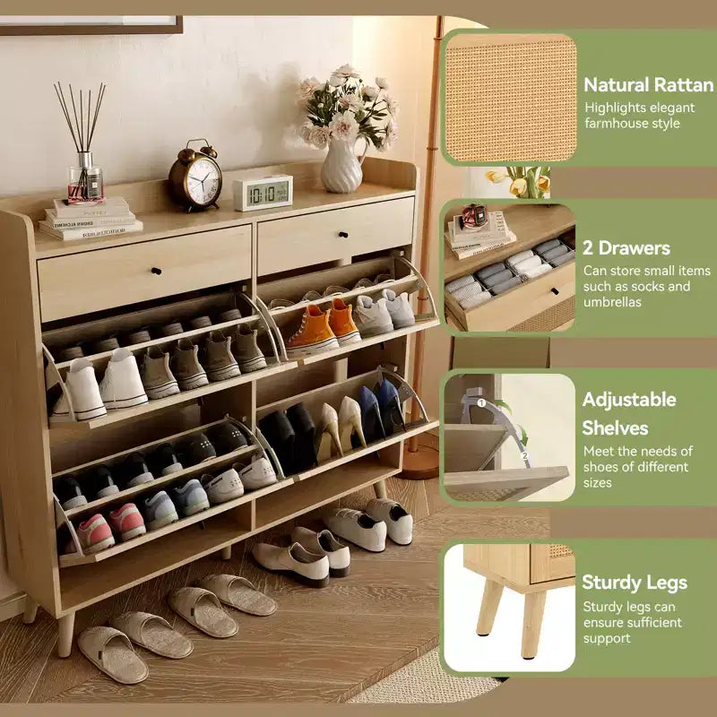 Meuble à chaussures en bois CuisinSmart avec 4 tiroirs basculants en rotin naturel et 2 tiroirs, rangement à chaussures dissimulé autoportant pour entrée, couloir, salon
