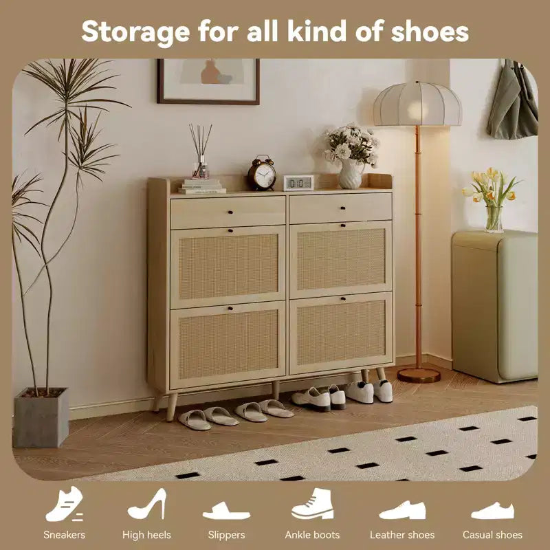 Meuble à chaussures en bois CuisinSmart avec 4 tiroirs basculants en rotin naturel et 2 tiroirs, rangement à chaussures dissimulé autoportant pour entrée, couloir, salon