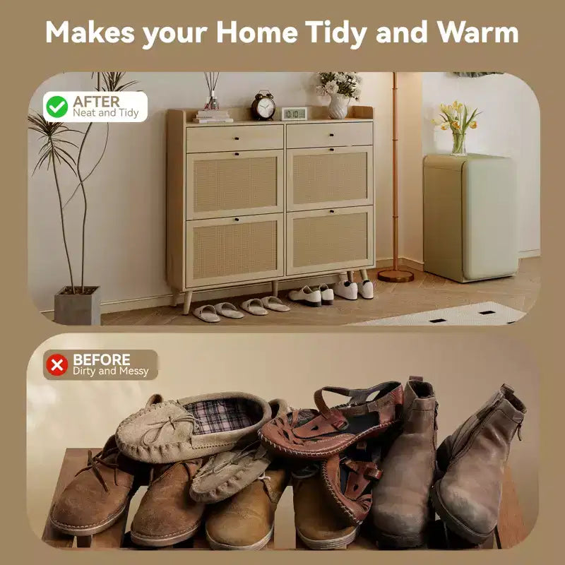 Meuble à chaussures en bois CuisinSmart avec 4 tiroirs basculants en rotin naturel et 2 tiroirs, rangement à chaussures dissimulé autoportant pour entrée, couloir, salon