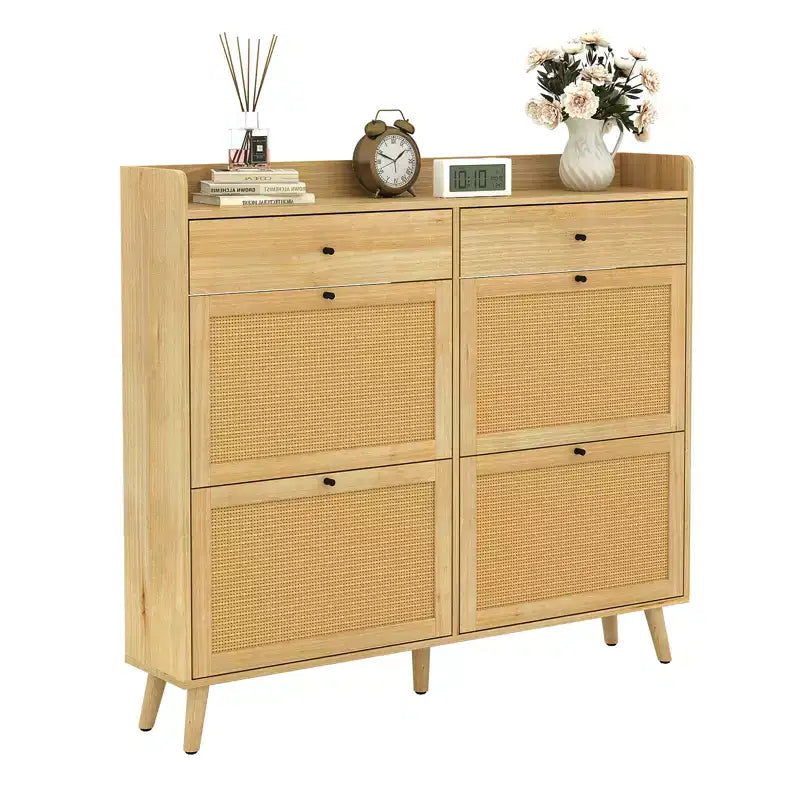 Meuble à chaussures en bois CuisinSmart avec 4 tiroirs basculants en rotin naturel et 2 tiroirs, rangement à chaussures dissimulé autoportant pour entrée, couloir, salon