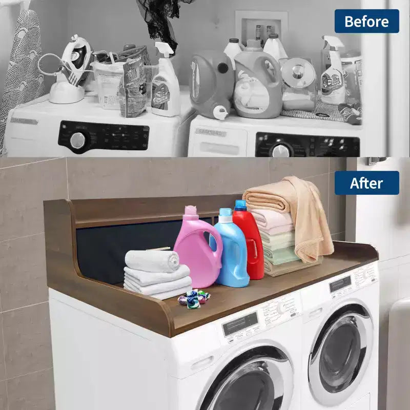 TROPOW Comptoir de Lave-linge Sèche-linge à 2 Niveaux Organisateur de Blanchisserie en Bois 54x27,55 avec Tiroirs et Patins Antidérapants (1-Pack)