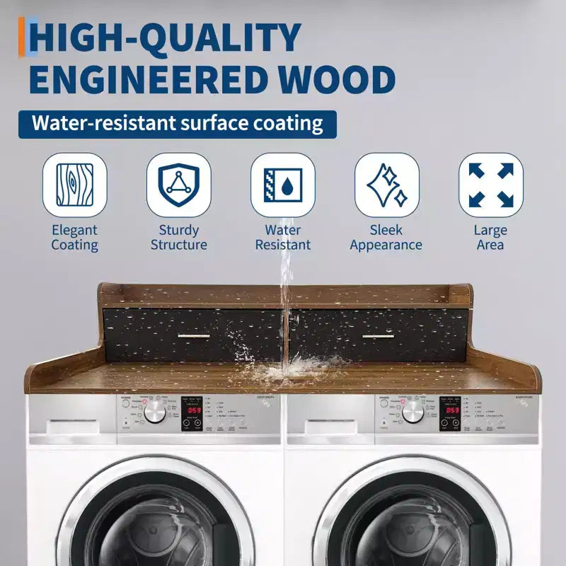 TROPOW Comptoir de Lave-linge Sèche-linge à 2 Niveaux Organisateur de Blanchisserie en Bois 54x27,55 avec Tiroirs et Patins Antidérapants (1-Pack)