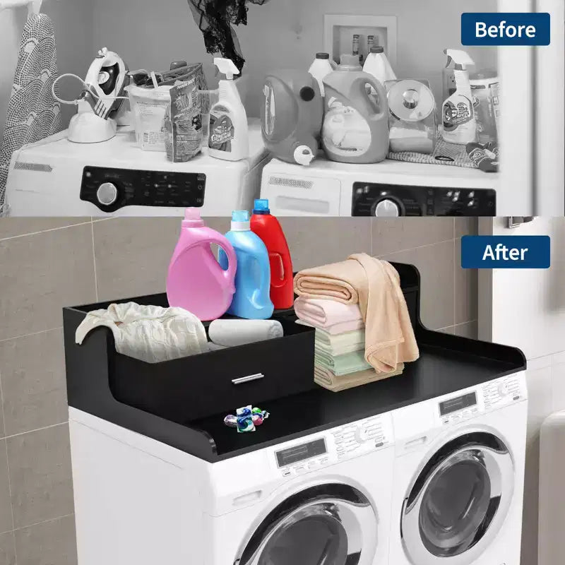 TROPOW Comptoir de Lave-linge Sèche-linge à 2 Niveaux Organisateur de Blanchisserie en Bois 54x27,55 avec Tiroirs et Patins Antidérapants (1-Pack)