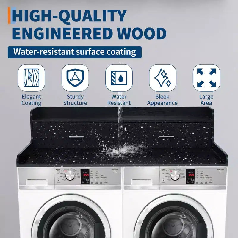 TROPOW Comptoir de Lave-linge Sèche-linge à 2 Niveaux Organisateur de Blanchisserie en Bois 54x27,55 avec Tiroirs et Patins Antidérapants (1-Pack)
