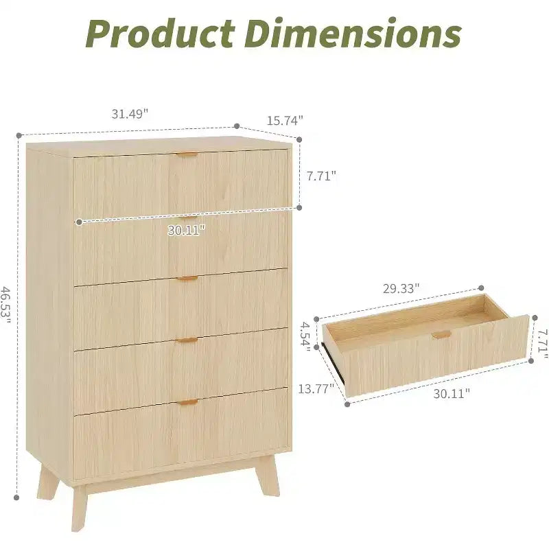 Acekool Commode de Rangement à 5 Tiroirs, Commode Canelée Moderne du Milieu du Siècle de 81 cm de Haut, Commode en Chêne pour Chambre, Salon, Couloir