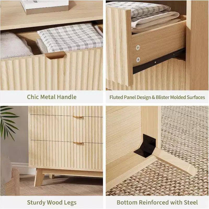 Acekool Commode de Rangement à 5 Tiroirs, Commode Canelée Moderne du Milieu du Siècle de 81 cm de Haut, Commode en Chêne pour Chambre, Salon, Couloir