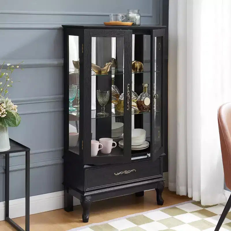 Vitrine élégante en verre lumineux - Meuble de rangement en bois pour le salon, la cuisine et le cellier - Idéale pour le vin, les jouets et les objets de collection - Noir