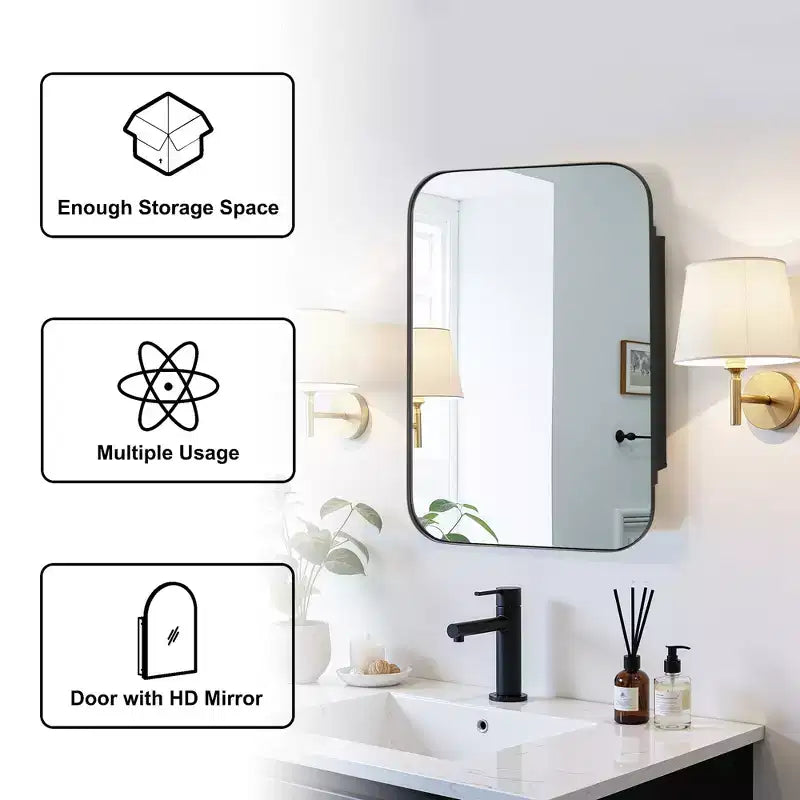 MAYEERTY Armoire de toilette rectangulaire moderne 61 x 41 cm, miroir mural encadré de métal avec rangement, noir