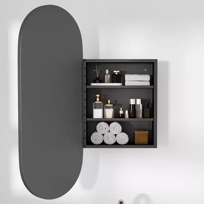 MAYEERTY 32 x 16 po Armoires à pharmacie modernes ovales pour salle de bain, Miroir mural encadré en métal avec rangement, Noir