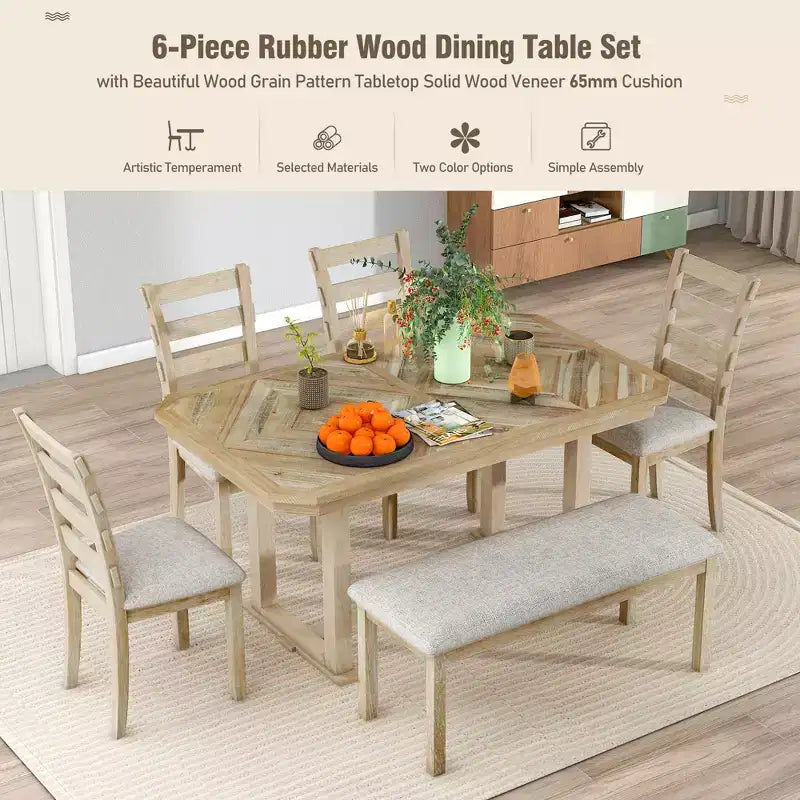GDFStudio Bennett Ensemble de salle à manger 6 pièces en bois d'hévéa avec plateau de table artistique à grain de bois et chaises rembourrées