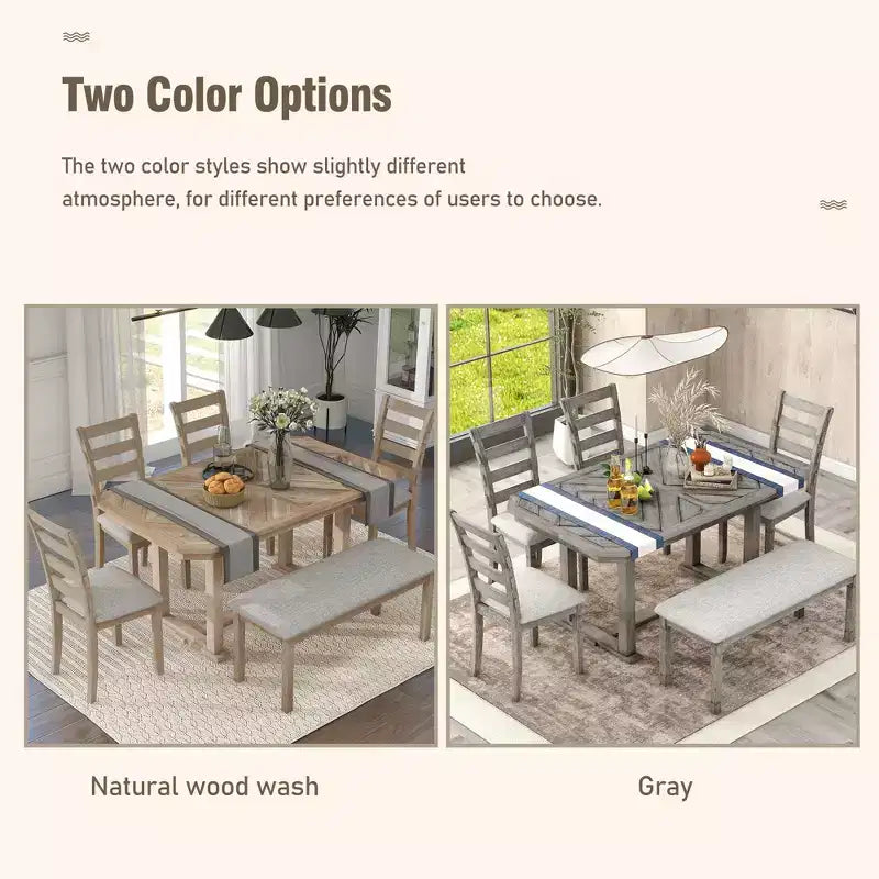 GDFStudio Bennett Ensemble de salle à manger 6 pièces en bois d'hévéa avec plateau de table artistique à grain de bois et chaises rembourrées