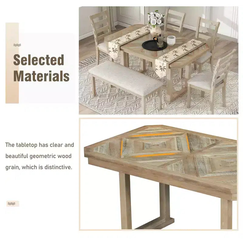 GDFStudio Bennett Ensemble de salle à manger 6 pièces en bois d'hévéa avec plateau de table artistique à grain de bois et chaises rembourrées