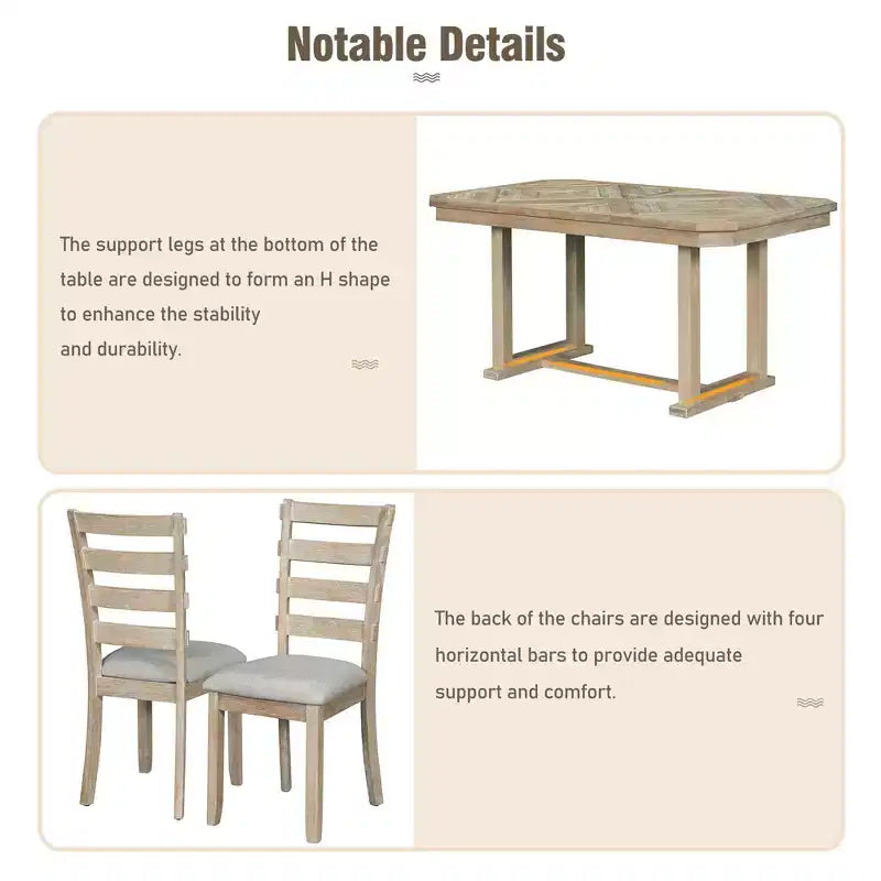 GDFStudio Bennett Ensemble de salle à manger 6 pièces en bois d'hévéa avec plateau de table artistique à grain de bois et chaises rembourrées