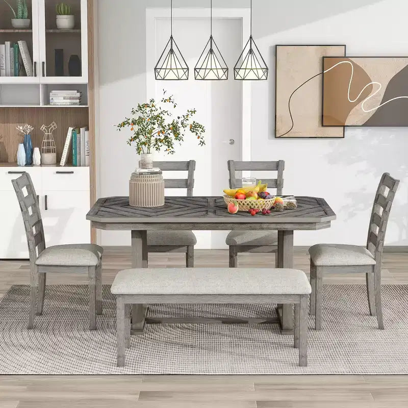 GDFStudio Bennett Ensemble de salle à manger 6 pièces en bois d'hévéa avec plateau de table artistique à grain de bois et chaises rembourrées