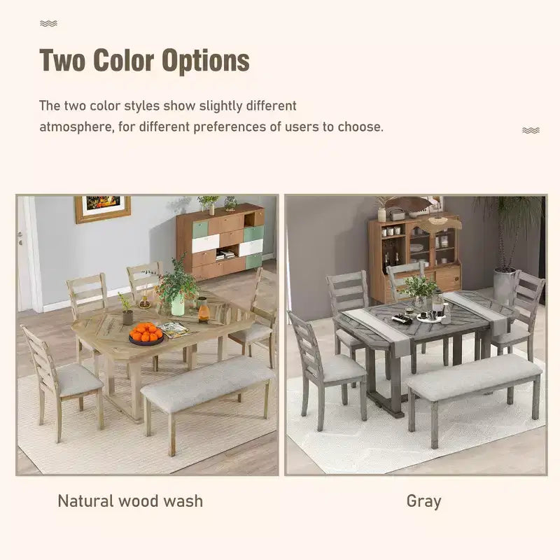 GDFStudio Bennett Ensemble de salle à manger 6 pièces en bois d'hévéa avec plateau de table artistique à grain de bois et chaises rembourrées