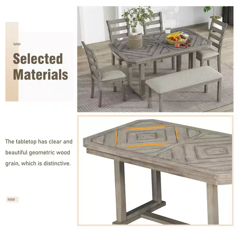 GDFStudio Bennett Ensemble de salle à manger 6 pièces en bois d'hévéa avec plateau de table artistique à grain de bois et chaises rembourrées