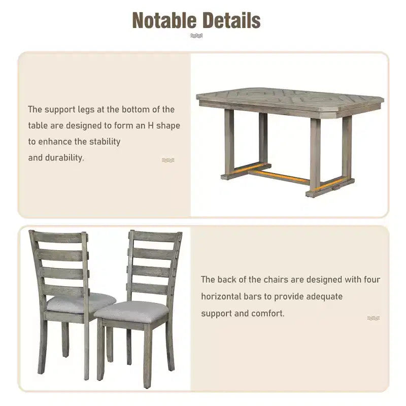 GDFStudio Bennett Ensemble de salle à manger 6 pièces en bois d'hévéa avec plateau de table artistique à grain de bois et chaises rembourrées