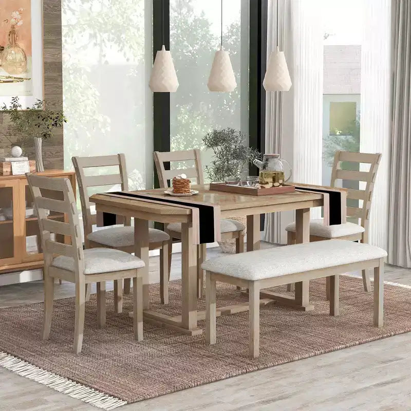 GDFStudio Bennett Ensemble de salle à manger 6 pièces en bois d'hévéa avec plateau de table artistique à grain de bois et chaises rembourrées