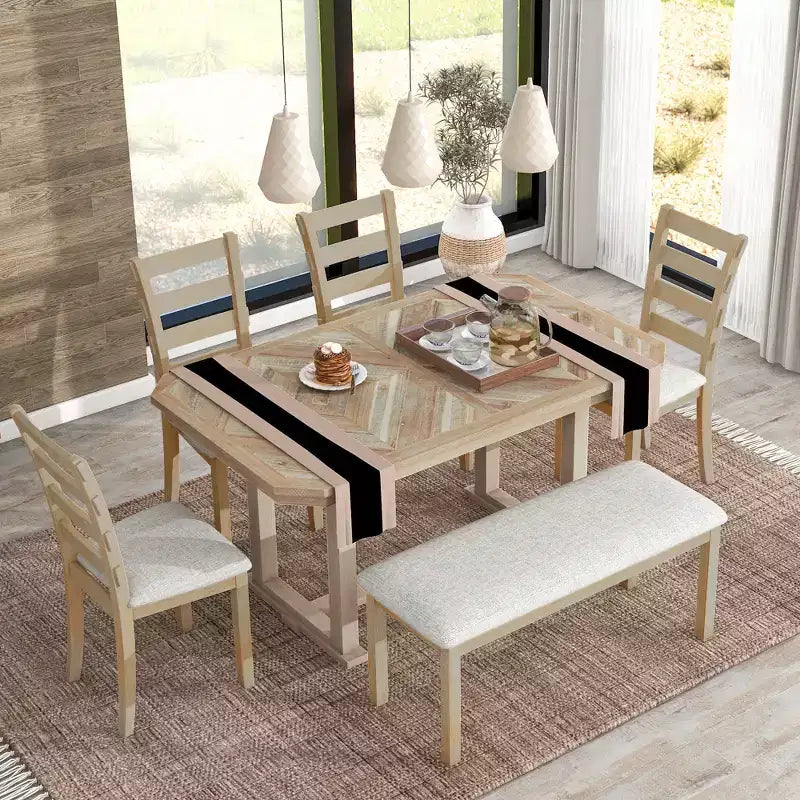 GDFStudio Bennett Ensemble de salle à manger 6 pièces en bois d'hévéa avec plateau de table artistique à grain de bois et chaises rembourrées