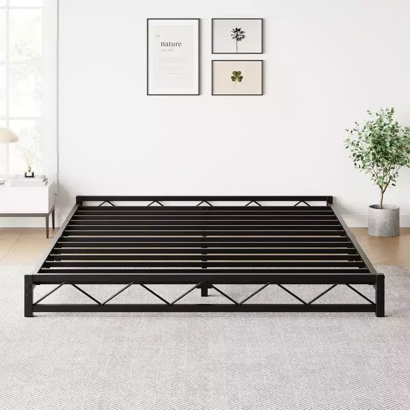 Cadre de lit plateforme en métal avec motif ondulé, sommier, montage facile, aucun sommier tapissier requis, hauteur 6 po