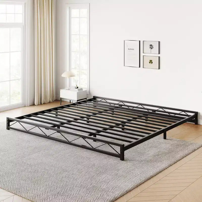 Cadre de lit plateforme en métal avec motif ondulé, sommier, montage facile, aucun sommier tapissier requis, hauteur 6 po