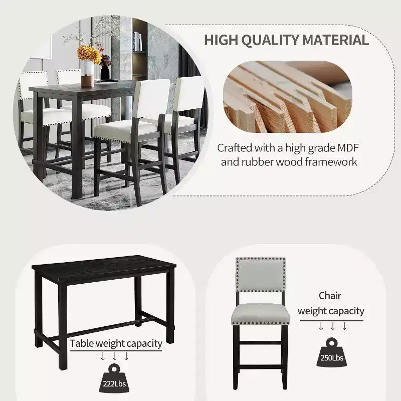 Ensemble de salle à manger GDFStudio Mark 5 pièces hauteur comptoir avec table élégante et chaises rembourrées