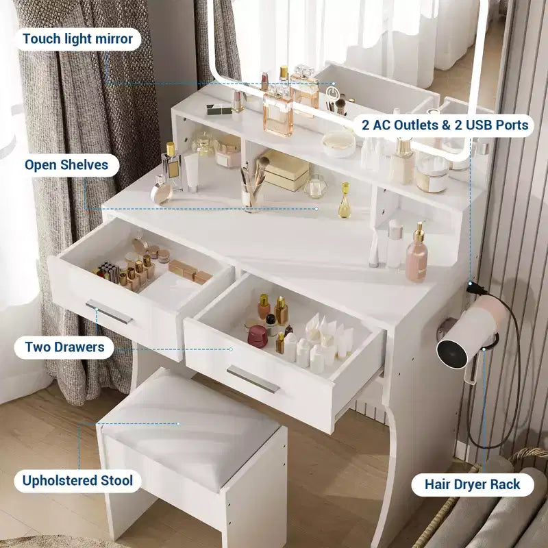 Coiffeuse avec miroir, table de maquillage avec tiroirs, tabouret, meuble de maquillage en bois