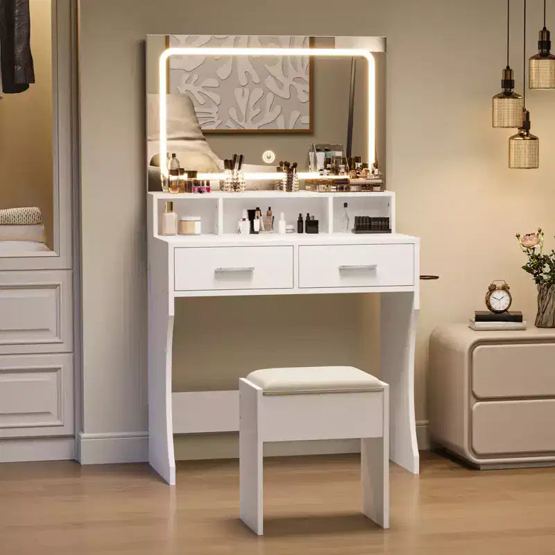 Coiffeuse avec miroir, table de maquillage avec tiroirs, tabouret, meuble de maquillage en bois