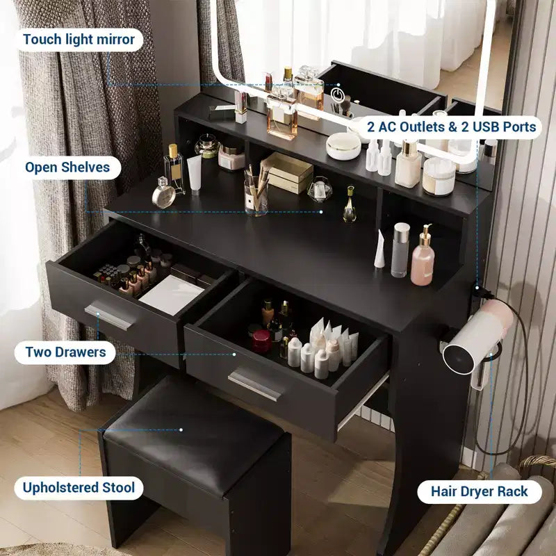Coiffeuse avec miroir, table de maquillage avec tiroirs, tabouret, meuble de maquillage en bois