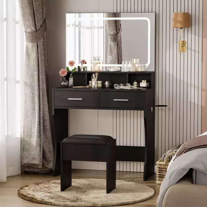 Coiffeuse avec miroir, table de maquillage avec tiroirs, tabouret, meuble de maquillage en bois