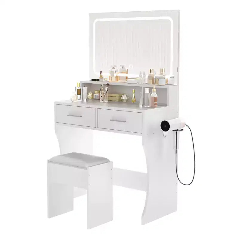 Coiffeuse avec miroir, table de maquillage avec tiroirs, tabouret, meuble de maquillage en bois