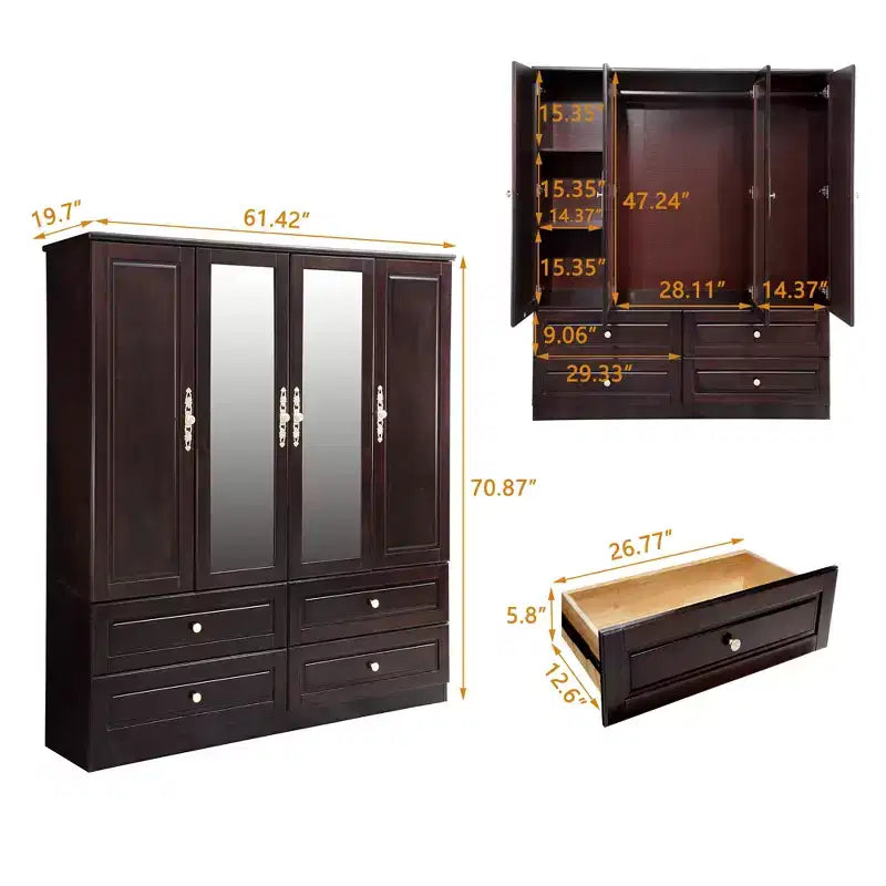 Keloyid Seusar Armoire bois noir brunâtre 156 cm avec 4 tiroirs, 2 miroirs, tringle à vêtements et étagères